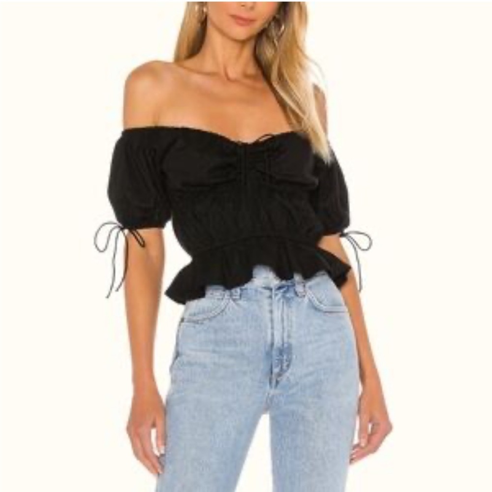 Majorelle Hearst Solid Black Off Shoulder Ruffle Puff Sleeve Blouse Aritzia